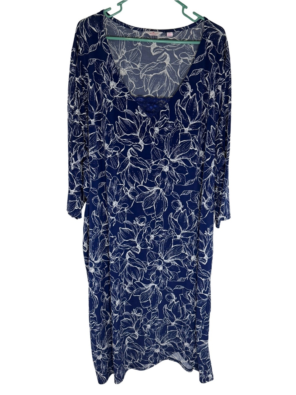 Breezies Navy Blue & White Floral 3/4 Sleeve Sleep Dress Nightgown Size 3X
